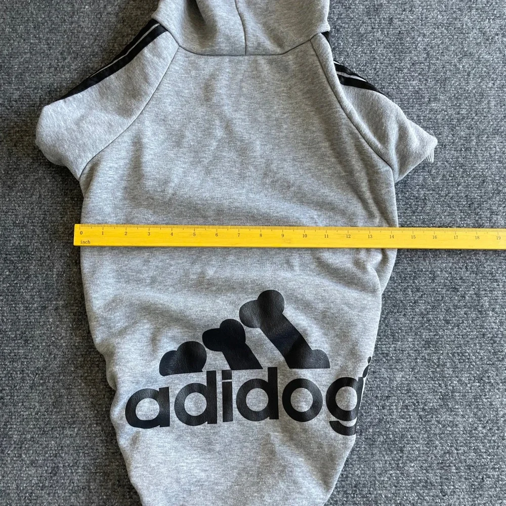 Adidog Gray Pet Hoodie Large Dog Fleece Sweatshirt Sporty Striped Parody Coat